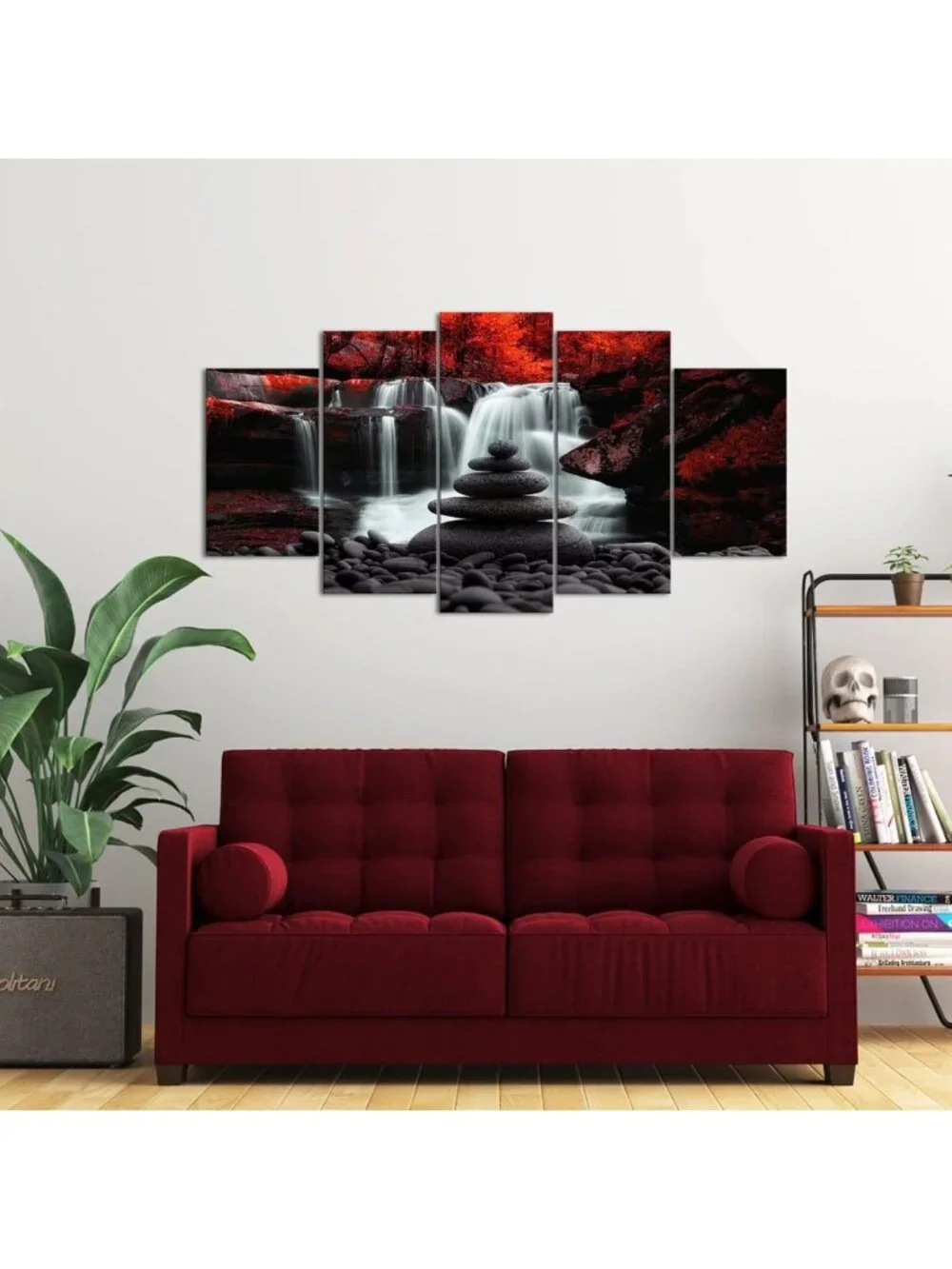 Zen Stones Waterfall Wall Art - Red Trees Landscape Canvas Print for Living Room